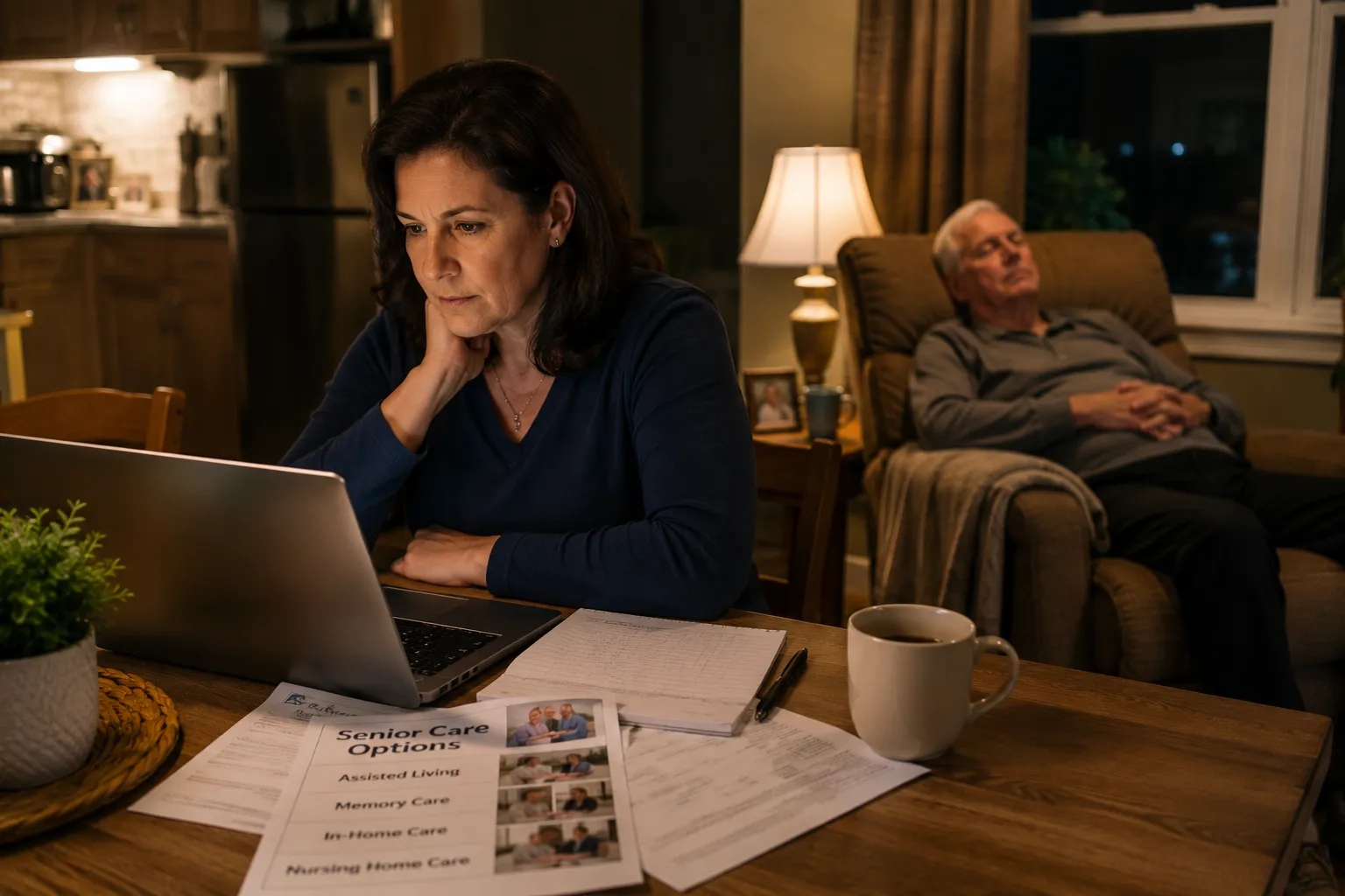 Adult daughter researching nursing home care for her father with mobility problems